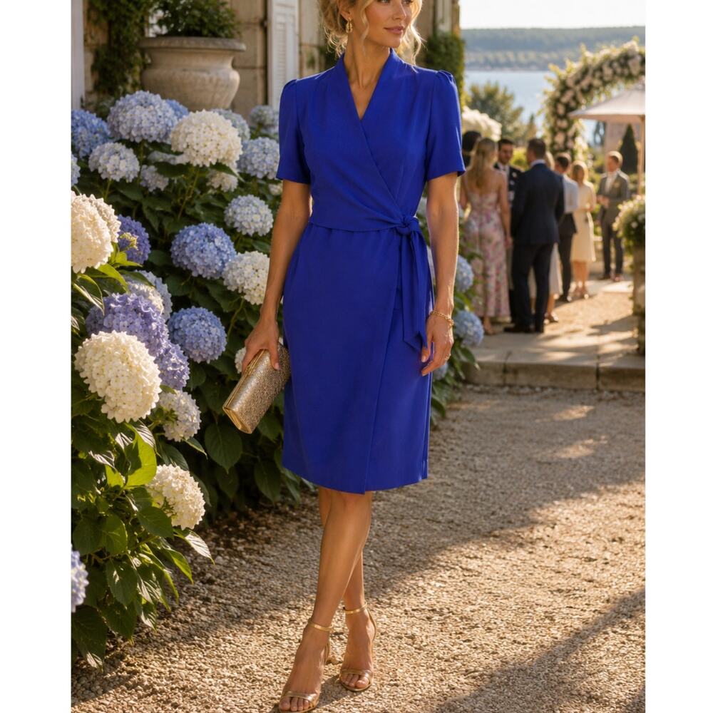 Vintage JNY Cobalt Blue Wrap Tie Top Sheath Dress Modern Minimalist Small XS